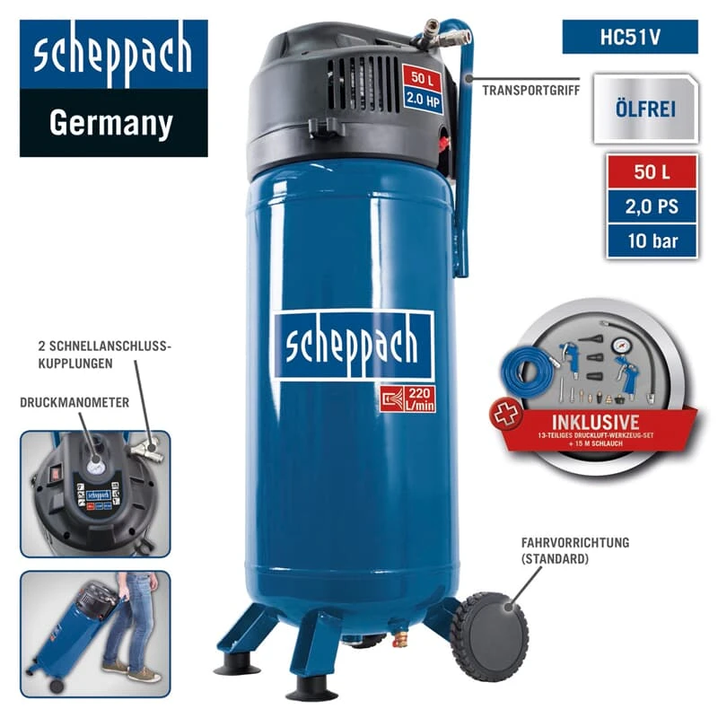Scheppach Druckluft Kompressor 50L Luftkompressor 10bar 2PS Stehend HC51V 2 Scheppach Druckluft Kompressor 50L Luftkompressor 10bar 2PS Stehend HC51V – Bild 2