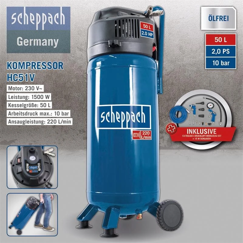Scheppach Druckluft Kompressor 50L Luftkompressor 10bar 2PS Stehend HC51V 7 Scheppach Druckluft Kompressor 50L Luftkompressor 10bar 2PS Stehend HC51V – Bild 7